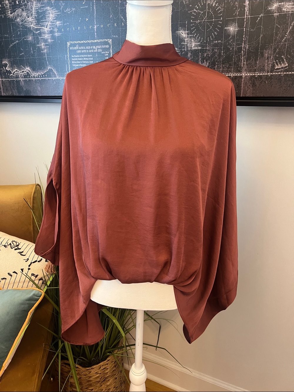 Women’s High-Neck Dolman Blouse in Rust